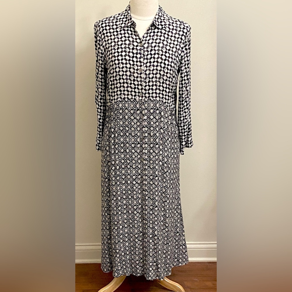 Habitat Black Grey Geometric Floral SZ S Lagenlook Modern Boho Edgy Shirt Dress